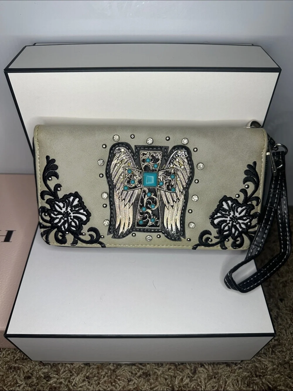 Embellished Gray Wristlet Clutch with Turquoise Accent